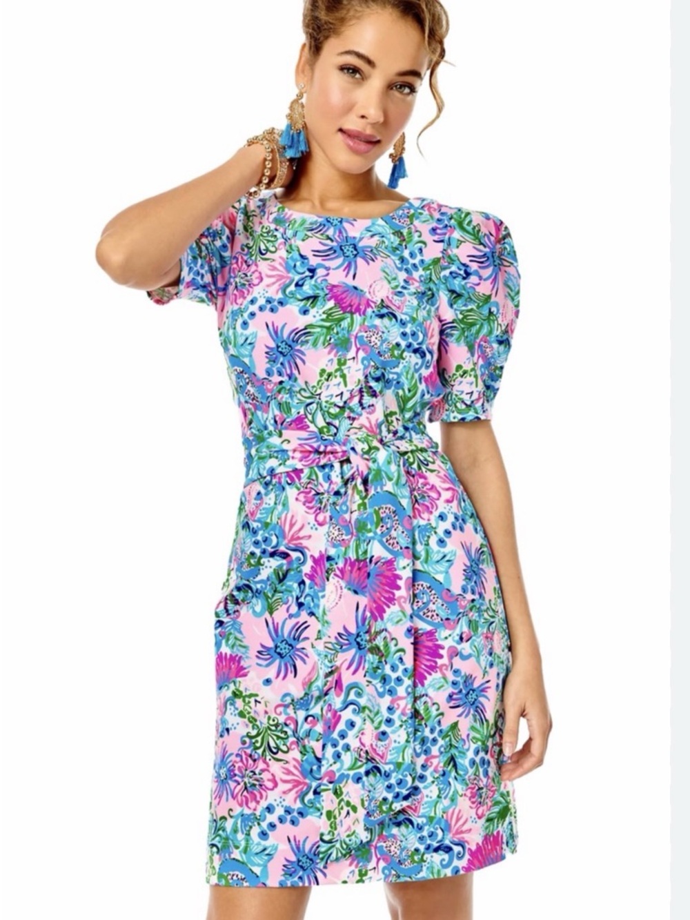 Lilly Pulitzer Pink Blue Green Floral Belted Shift Dress